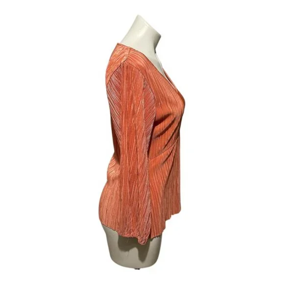 Halogen Small Orange Long Sleeve V Neck Micropleated Top - Picture 3 of 6